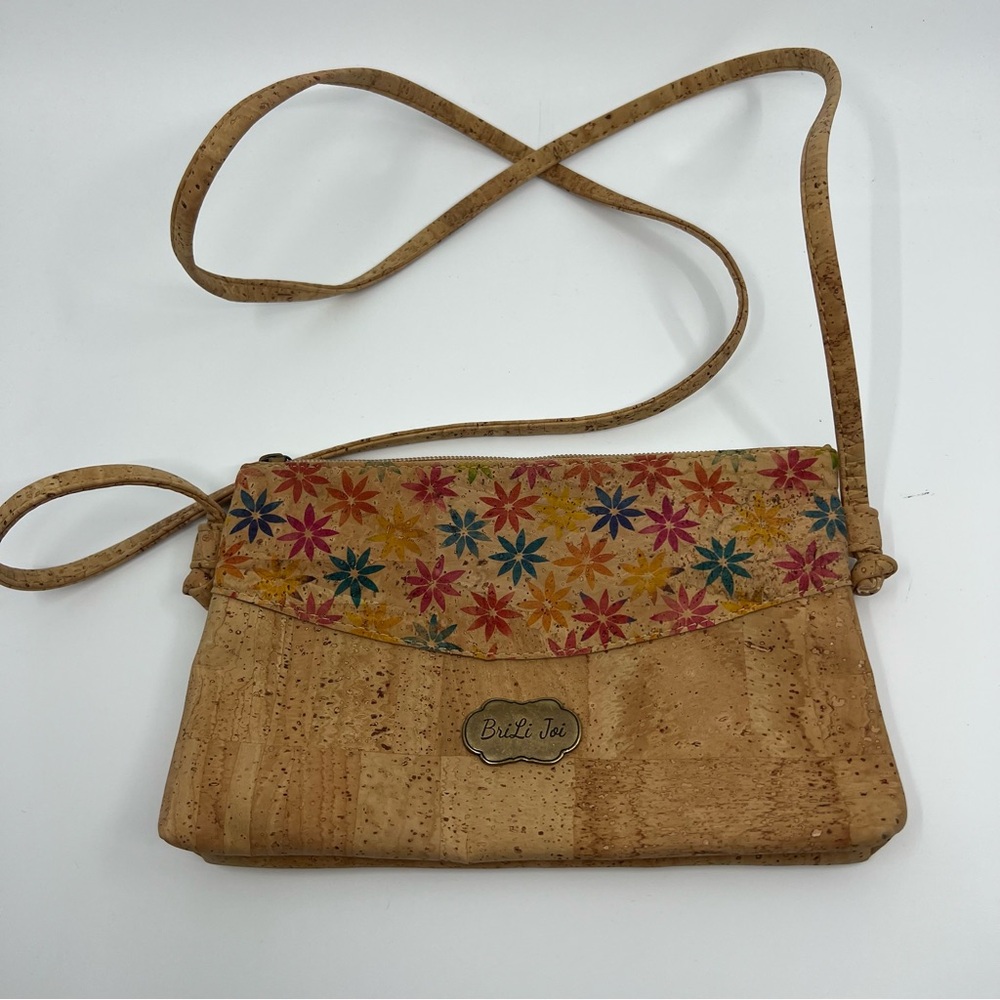 New BriLi Joi Stamped Flower floral Cork crossbody Purse Shoulder Strap tan